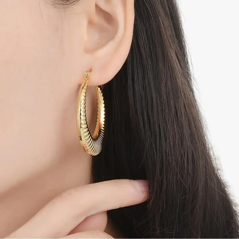 NEW Stainless Steel Gold Large Hollow Hoops Earrings